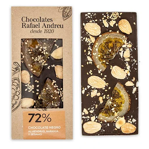 Tableta Chocolate negro 72% con Naranja y Almendra